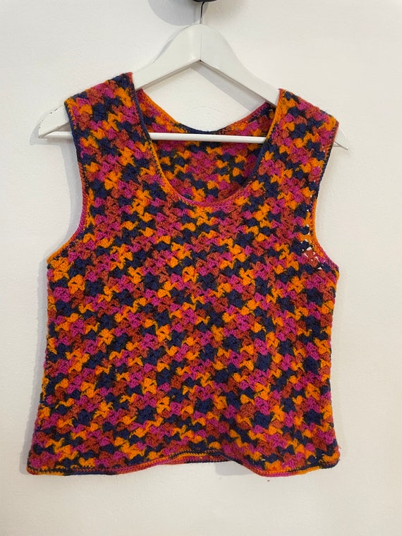 Colorful vintage sweater vest handmade crocheted … - image 4