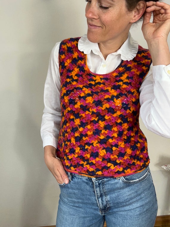Colorful vintage sweater vest handmade crocheted … - image 1