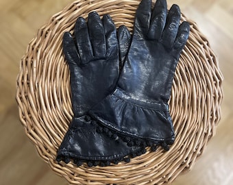 MOSCHINO Schwarze Vintage Lederhandschuhe Handschuhe Leder mit Bommelchen Moschino Gr7