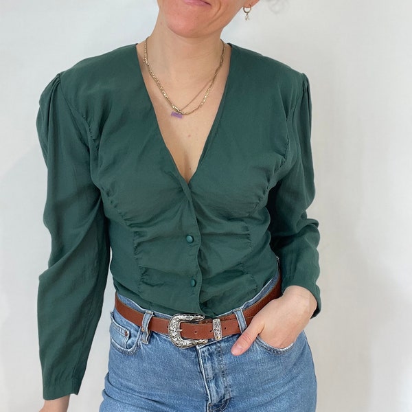 Grüne geraffte Vintage Bluse mit Puffärmeln Gr36/38