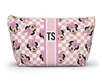Monogram Minnie Mouse Makeup Bag | Custom Checkered Organizer for Disney World Trip | Personalized Zipper Pouch