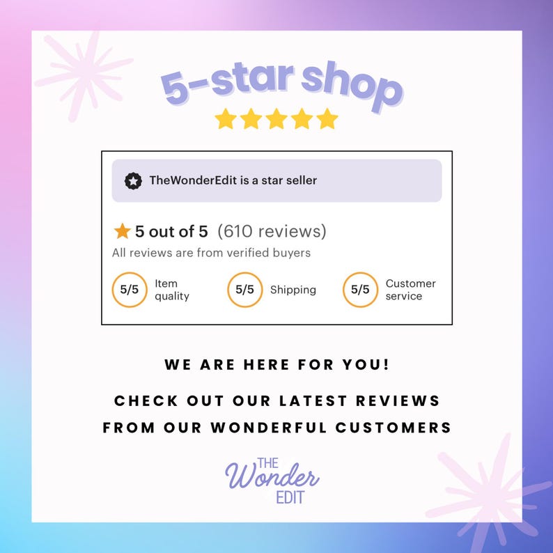 Peut inclure: Graphique avec le texte "5-star shop" et "TheWonderEdit is a star seller." Il affiche une note de 5 &eacute;toiles avec 610 avis et des notes de 5/5 pour la qualit&eacute; des articles, l'exp&eacute;dition et le service client. Le texte "WE ARE HERE FOR YOU!" est &eacute;galement visible.