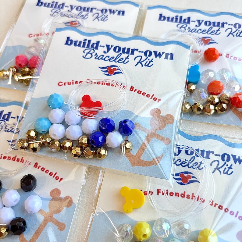 A close-up view shows several packaged bracelet kits with blue, orange, yellow, and black bead options.