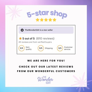 May include: A digital graphic displaying a 5-star shop rating for TheWonderEdit. It features five yellow stars, a star seller badge, and a 5 out of 5 score based on 610 reviews. The text reads: WE ARE HERE FOR YOU! CHECK OUT OUR LATEST REVIEWS.