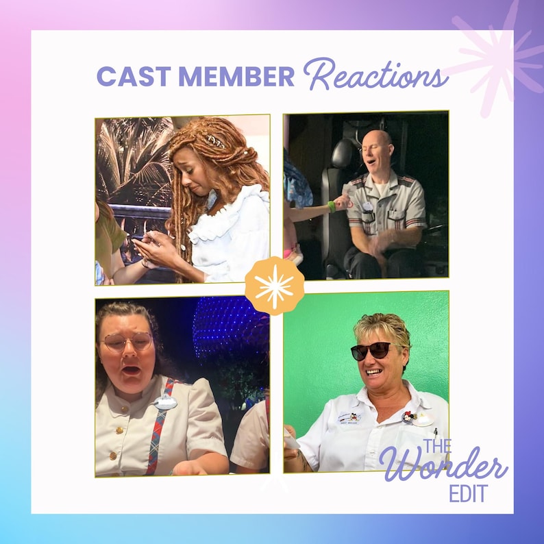 May include: A collage of four photographs titled CAST MEMBER Reactions. The images show individuals in various uniforms and settings, including one with long braided hair, one in a plaid shirt, one in a white uniform, and one wearing sunglasses.