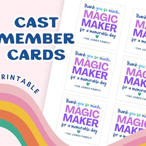 Könnte beinhalten: Druckbare Karten für Ensemblemitglieder mit Regenbogen-Design. Die Karten zeigen den Text "Thank you so much, MAGIC MAKER for a memorable day" in Lila und Blau. Die Familie Jones ist unten aufgeführt.