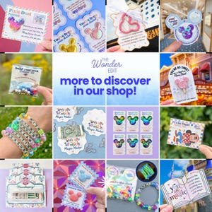 May include: A collection of Disney-themed merchandise including enamel pins, friendship bracelets with letter beads, sticker packs, and decorative cards with messages like Pixie Dust, You Are Magic, and Thank You So Much Magic Maker.