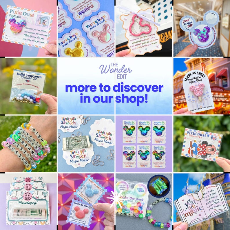May include: A collection of Disney-themed merchandise including enamel pins, friendship bracelets with letter beads, sticker packs, and decorative cards with messages like Pixie Dust, You Are Magic, and Thank You So Much Magic Maker.
