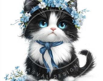 Floral Kitten Clipart, Animal PNG Images (Digital Download
