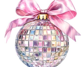 Disco Ball Clipart: 7 PNGs with Pink Bow (Digital Download)