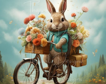 Easter Bunny on Bike Clipart: Spring PNG Images (Digital Download)