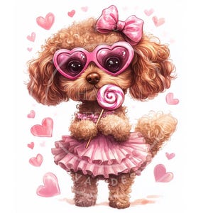 Goldendoodle Clipart, 8 PNG di alta qualità, PNG doodle nero, PNG di San Valentino Coquette, PNG doodle, fiocco rosa per cani Coquette, download digitale