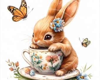Easter Bunny Teacup Clipart, Spring PNG (Digital Download)