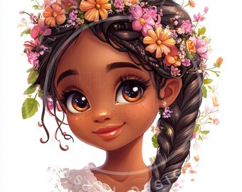 Chibi Black Girl Clipart: Floral Crown, Afro Graphics (Digital Download)