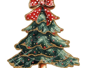Glitter Christmas Tree Clipart: Coquette Bow PNG (Digital Download)