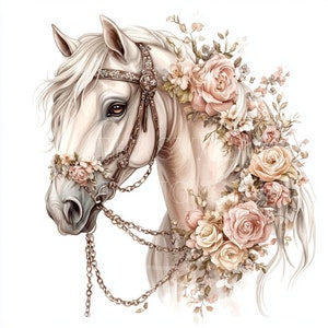 Floral Horse Watercolor Clipart: 24 PNGs, Commercial Use (Digital Download)