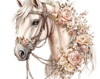 Floral Horse Watercolor Clipart: 24 PNGs, Commercial Use (Digital Download)