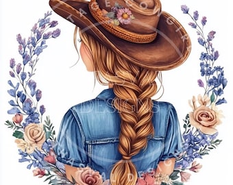 Boho Cowgirl Clipart, Floral PNGs (Digital Download)