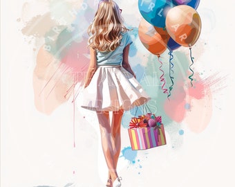 Birthday Girl Clipart: Watercolor Balloons, Party PNGs (Digital Download)