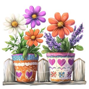 May include: Three colorful flower pots with white, orange, purple, and lavender flowers. The pots are decorated with hearts and flowers and are sitting on a white picket fence.