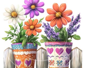 Whimsical Flower Pot Clipart, 9 PNG Floral Graphics (Digital Download)