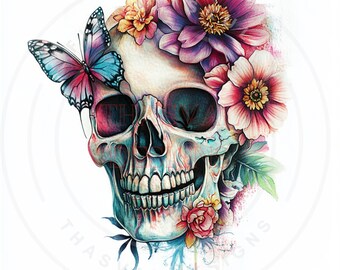 Clipart floral crâne PNG, art gothique occulte (téléchargement numérique)