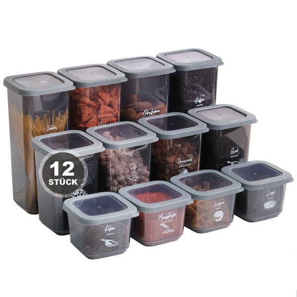 Parpalinam Vorratsdosen Set Aufbewahrungsboxen mit Deckel luftdicht 12-24er Set Kunststoff Grau mit Aufkleber BPA frei Frischhaltedosen