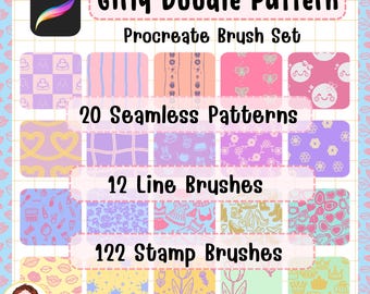 May include: A digital art set with a girly doodle pattern. The set includes 20 seamless patterns, 12 line brushes, and 122 stamp brushes. The image features a variety of colorful designs, including hearts, flowers, and other cute illustrations.