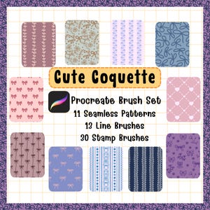 May include: An image advertising a Procreate Brush Set with the title "Cute Coquette". It includes 11 seamless patterns, 13 line brushes, and 30 stamp brushes. The patterns feature bows, floral designs, and vertical stripes in pastel colours.