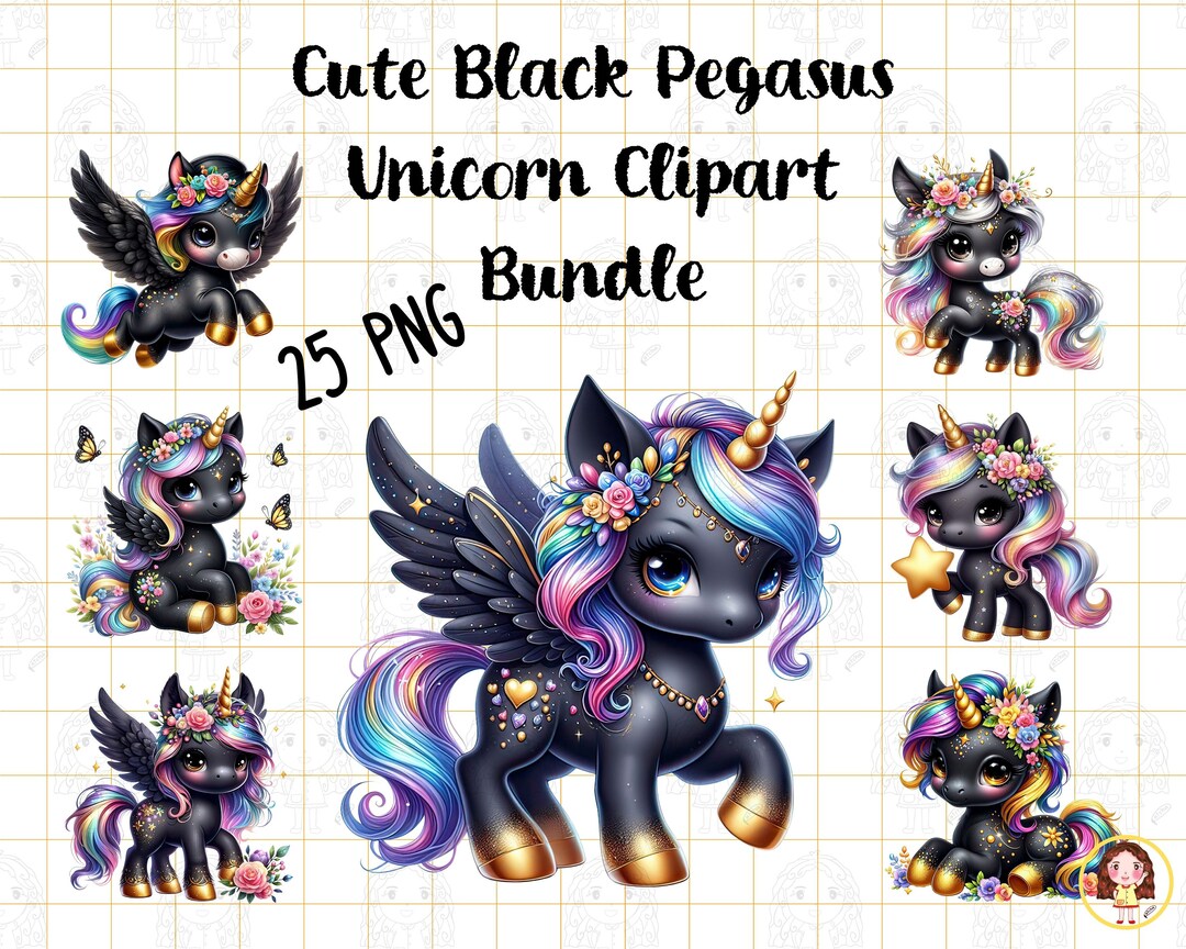 Cute Black Pegasus Unicorn Clipart Bundle - Whimsical Unicorn Designs ...