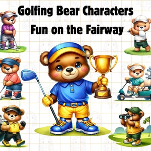 フェアウェイでゴルフを楽しむクマのクリップアート、PNG、ゴルフをするテディベア、スポーツのイラスト、かわいいゴルフの画像、ゴルフをする動物、商用利用