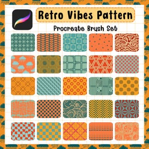 May include: A digital art graphic featuring a Procreate brush set with a "Retro Vibes Pattern." The image showcases a grid of 25 rectangular tiles, each displaying a unique retro-style pattern in various colors, including orange, blue, and green. The top left corner has the Procreate logo.