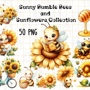 Bundle de bourdons ensoleillés et collection tournesols PNG bundle Clipart, abeille mignonne, PNG, clipart printemps, clipart été, abeille, usage Commercial