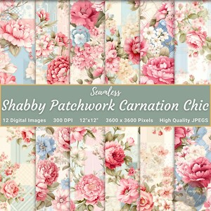 Pode incluir: Doze designs de papel digital com um padrão de patchwork de cravos rosa e brancos, flores azuis e folhas verdes sobre um fundo azul claro e branco. O texto "Seamless Shabby Patchwork Carnation Chic" está na parte superior da imagem. O texto "12 Digital Images 300 DPI 12"x12" 3600 x 3600 Pixels High Quality JPEGS" está abaixo do título.