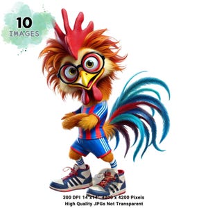 Imágenes prediseñadas de pollo divertido, personaje de dibujos animados de pollo genial, gallo hipster en ropa deportiva, imágenes prediseñadas de pollo peculiar, imágenes prediseñadas de pollo en acuarela