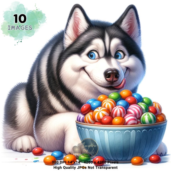 Funny Husky Clipart, Whimsical Husky Clipart, Cute Husky Clipart, Siberian Husky Watercolor Clipart, Siberian Husky Birthday Party Decor Art