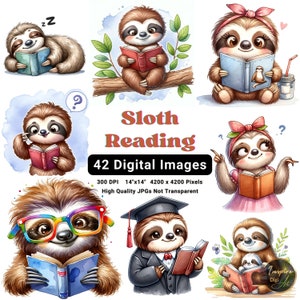 Bradipo che legge un libro, Libro degli animali per bambini, Clipart di topo di biblioteca, Clipart di bradipo dell'acquerello, Bradipo e lettura, Bradipo con libro, Lettura di animali, 42