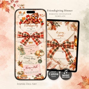 May include: A digital Friendsgiving dinner invitation template displayed on a smartphone and tablet. The design features a cartoon turkey, plaid bows, autumn leaves, and text including Friendsgiving Dinner, Saturday November 21, 2026, 6:00 PM, Emma's Home, and Bring a Dish.