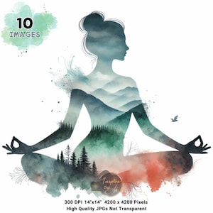 Serene Yoga Silhouette Clipart with Scenic Watercolor Landscapes, Digital Art for Mindfulness Projects, Silhouette Woman Yoga Clipart Bundle