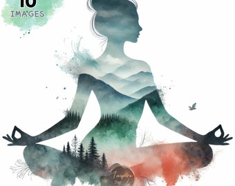 May include: A digital illustration of a person in a yoga pose with a watercolor background of mountains, trees, and clouds. The image is 14 inches by 14 inches and has a resolution of 4200 by 4200 pixels.