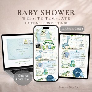Puede incluir: Una plantilla de sitio web para baby shower con temática de dinosaurios y el texto Hatching Soon. El diseño incluye ilustraciones de dinosaurios bebés, huevos y sobres mostrados en una computadora portátil, un teléfono y una tableta.