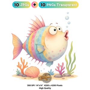 Quirky Funny Fish Clipart Bundle, Pastel Rainbow Whimsical Fish Characters, Cute Ocean Fish Illustrations, Expressive Cartoon Sea Creatures