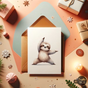 May include: A white card with a cute cartoon sloth doing yoga. The sloth is brown and has a light brown face. The card is on a light pink background with a light blue envelope and a brown envelope.