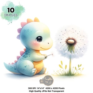 Niedlicher Baby-Dinosaurier-Wunsch Clipart, Dinosaurier mit Löwenzahn, Aquarell-Dinosaurier-Clipart-Bundle, Dino- und Löwenzahn-Sublimation, Dinosaurier-Traum