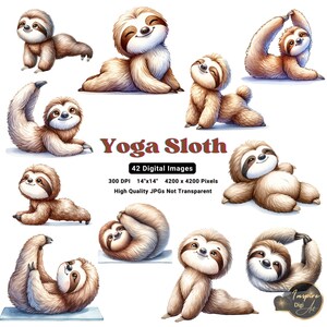 May include: A set of 42 digital images featuring a cute cartoon sloth in various yoga poses. The images are 14 inches by 14 inches and 300 DPI. The sloth is brown and has a happy expression. The images are high quality JPGs and are not transparent.
