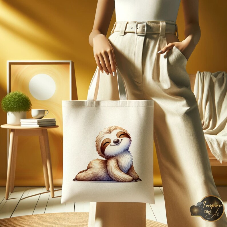 May include: A white canvas tote bag with a smiling sloth illustration. The sloth is brown and has a light brown belly. The bag has a brown handle.