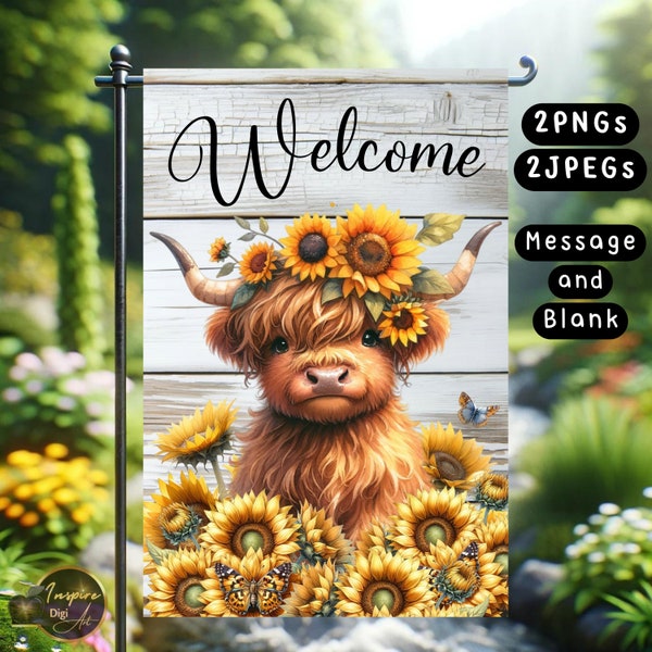 Highland Cow Garden Flag, Highland Cow Welcome Sublimation, Highland Cow with Sunflower Crown, Highland Cow Sunflower Baby Shower Flag Sign