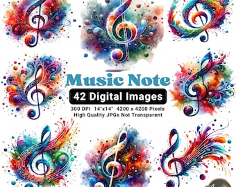 Imágenes prediseñadas de notas musicales, notas musicales de acuarela, imágenes prediseñadas de notas musicales imprimibles, notación musical, gráficos de notas, notas musicales, conjunto de imágenes prediseñadas coloridas