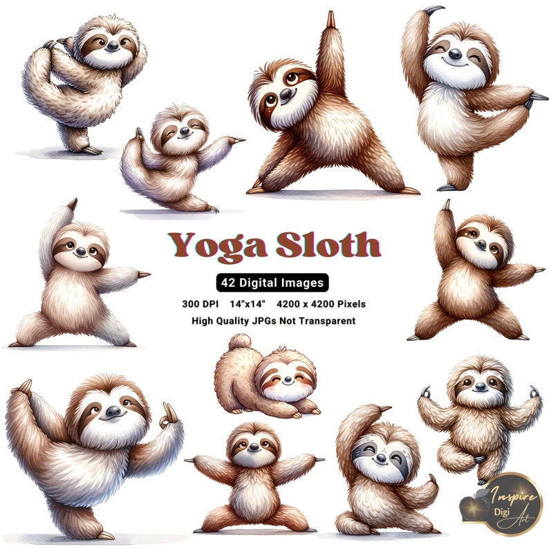 May include: A set of 42 digital images featuring a cute sloth in various yoga poses. The images are high quality JPGs, 300 DPI, 14 inches by 14 inches, and 4200 pixels by 4200 pixels. The images are not transparent.