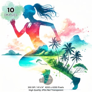 Lopende vrouw clipart, silhouet vrouw loper, aquarel landschapskunst, marathonloper, silhouet vrouwelijke rennende clipart, commercieel gebruik